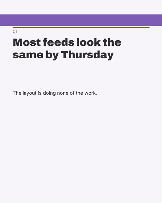 The Broadsheet carousel pack rendered as a hook slide: A two-column grid under a masthead rule. Headline left, body right. Produced by Repic's export renderer from a published brand kit's palette.